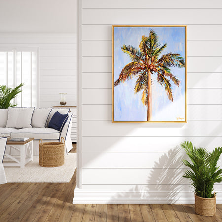 Tableau tropical palmier cocotier multicolore, une peinture contemporaine de style pour déco murale nature, voyage, bohème, décor plage et mer
