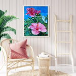 Charger l'image dans la galerie, Tableau de paysage nature, des fleurs d’hibiscus roses s’épanouissent au printemps, pour une déco chic et exotique.