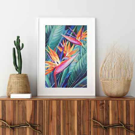 Tableau peinture à l’huile sur toile d’Oiseaux du Paradis, strelitzias, fleurs tropicales exotiques pour une déco murale de jungle luxuriante.