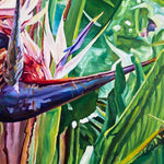 Charger l'image dans la galerie, Peinture oiseau de paradis tropical et tableau nature de Fleurs blanches de Ravenala ou arbre du voyageur, rappelant les oiseaux de paradis Strelitzia, une décoration murale bohème, vacances d’été, souvenirs des îles, exotique et chic