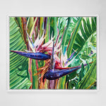 Charger l'image dans la galerie, Peinture oiseau de paradis tropical et tableau nature de Fleurs blanches de Ravenala ou arbre du voyageur, rappelant les oiseaux de paradis Strelitzia, une décoration murale bohème, vacances d’été, souvenirs des îles, exotique et chic