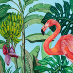Charger l'image dans la galerie, Tableau flamant rose et fleurs tropicales jungle et nature d’une fresque d’oiseaux exotiques et sauvages des îles de l’océan indien aux motifs de feuilles multicolores pour une déco bohème, jungalow et moderne