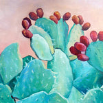 Charger l'image dans la galerie, Peinture cactus plante avec fleurs et fruits rouges de figuier de barabarie tropical et nature pour déco murale nature et intérieur moderne et exotique.