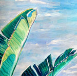 Charger l'image dans la galerie, Tableau tropical feuilles de bananier et peinture d’un paysage d’océan turquoise pour déco murale nature exotique et bohème