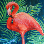 Charger l'image dans la galerie, Tableau sur toile de déco murale jungle et nature au paysage exotique d’animaux avec fleurs et plantes sauvages représentant un flamant rose, des hibiscus blanc et rose, une fleur de strelitzia oiseau de paradis pour une ambiance jungalow et moderne
