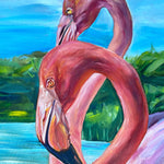 Charger l'image dans la galerie, Peinture tropicale de trois flamants roses des îles Galápagos sur lac de mer bleu azur, une oeuvre d'art pour une déco murale exotique.