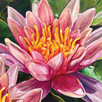 Charger l'image dans la galerie, Peinture nenuphar waterlily Tableau sur toile de paysage nature, un couple de fleurs de nénuphars s’ouvrent, pour une déco murale chic et tropicale.