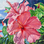 Charger l'image dans la galerie, Art hawaii peinture hibiscus roses devant l'ocean pour un tableau sur toile tropical de paysage fleurie.