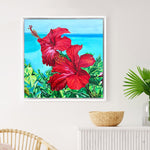 Charger l&#39;image dans la galerie, Peinture à l&#39;huile fleurs tropicales hibiscus rouges encadrée d&#39;une caisse americaine blanche pour un decor exotique..
