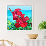 Charger l'image dans la galerie, Peinture à l'huile fleurs tropicales hibiscus rouges encadrée d'une caisse americaine blanche pour un decor exotique..