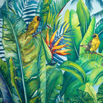 Charger l'image dans la galerie, Peinture nature Tableau jungle et tropical d’une fresque d’oiseaux exotiques et sauvages des îles de l’océan indien (île Maurice) représentant des tisserins jaunes et des condés ou bulbul orphée, la jungle avec la végétation des bananiers palmiers aux feuilles multicolores pour une déco bohème, jungalow et moderne