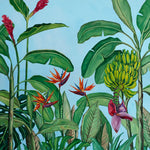 Charger l'image dans la galerie, Tableau flamant rose et fleurs tropicales jungle et nature d’une fresque d’oiseaux exotiques et sauvages des îles de l’océan indien aux motifs de feuilles multicolores pour une déco bohème, jungalow et moderne