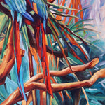 Charger l'image dans la galerie, Peinture tropicale perroquets dans un tableau jungle et nature d’un paysage d’animaux sauvages représentant un couple de Ara macao rouge dans la jungle avec la végétation des palmiers aux feuilles multicolores pour une décoration exotique