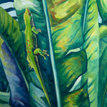 Charger l'image dans la galerie, Peinture nature Tableau jungle et tropical d’une fresque d’oiseaux exotiques et sauvages des îles de l’océan indien (île Maurice) représentant des tisserins jaunes et des condés ou bulbul orphée, la jungle avec la végétation des bananiers palmiers aux feuilles multicolores pour une déco bohème, jungalow et moderne