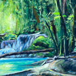 Charger l'image dans la galerie, Peinture eau et cascade dans la nature d'un tableau coloré à l'huile sur toile pour une deco zen et une ambiance de forêt enchantée et magique.
