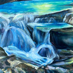 Charger l'image dans la galerie, Peinture eau et cascade dans la nature d'un tableau coloré à l'huile sur toile pour une deco zen et une ambiance de forêt enchantée et magique.
