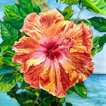 Charger l'image dans la galerie, Tableau de fleurs tropicales, un hibiscus jaune s’étend sur la mer lagon azur sous un ciel d’été de soleil, pour une déco murale exotique et solaire.