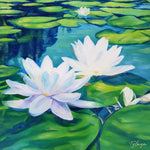 Charger l'image dans la galerie,  Peinture fleurs (waterlily painting) de nénuphars tropical et nature colorée, d’un tableau contemporain coloré et vibrant de vert et de blanc, de nymphéas blancs fleuri pour déco murale boheme et botanique