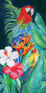 Charger l'image dans la galerie, Tableau sur toile de déco murale jungle et nature au paysage exotique d’animaux sauvages représentant un couple d’oiseaux de perroquets : Ara Macao rouge et la perruche du soleil ou conure dans la jungle avec une végétation de feuilles de palmiers et d’hibiscus blancs et roses pour une ambiance jungalow et moderne