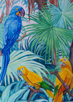 Charger l'image dans la galerie, Tableau jungle et nature d’une fresque d’oiseaux exotiques et sauvages représentant des toucans et ara macao perroquets rouge et bleus et de conure soleil dans la jungle avec la végétation des palmiers aux feuilles multicolores pour une déco bohème, jungalow et moderne