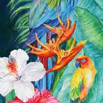Charger l'image dans la galerie, Tableau sur toile de déco murale jungle et nature au paysage exotique d’animaux sauvages représentant un couple d’oiseaux de perroquets : Ara Macao rouge et la perruche du soleil ou conure dans la jungle avec une végétation de feuilles de palmiers et d’hibiscus blancs et roses pour une ambiance jungalow et moderne