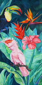 Charger l'image dans la galerie, Tableau jungle sur toile de déco murale nature d’une forêt exotique d’animaux avec fleurs et plantes sauvages représentant un Toucan, un Perroquet, un Cacatoès et des palmier tropicaux pour une ambiance jungle, jungalow et moderne.