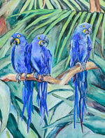 Charger l'image dans la galerie, Peinture jungle toile nature tableau perroquets et toile tropicale d’une fresque exotique et multicolore de la forêt représentant des toucans et ara macaw perroquet rouge et bleus et de conure soleil dans la jungle avec la végétation des palmiers aux feuilles de palmiers pour une déco moderne