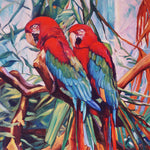 Charger l'image dans la galerie, Peinture tropicale perroquets dans un tableau jungle et nature d’un paysage d’animaux sauvages représentant un couple de Ara macao rouge dans la jungle avec la végétation des palmiers aux feuilles multicolores pour une décoration exotique