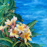 Charger l'image dans la galerie, Tableau tropical et nature de Fleurs de frangipanier ou Plumeria acuminata, rappelant les fleurs de tiaré blanches pour une décoration murale de vacances tendance exotique chic