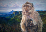 Charger l'image dans la galerie, Tableau jungle et nature d’un paysage exotique et sauvage des Gorges de la Rivière noire à l’île maurice représentant des singes : une maman et un bébé macaques devant les montagnes pour une déco bohème, jungalow et moderne