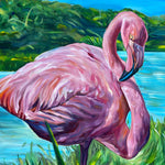 Charger l'image dans la galerie, Peinture tropicale de trois flamants roses des îles Galápagos sur lac de mer bleu azur, une oeuvre d'art pour une déco murale exotique.