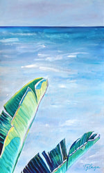 Charger l'image dans la galerie, Tableau tropical feuilles de bananier et peinture d’un paysage d’océan turquoise pour déco murale nature exotique et bohème