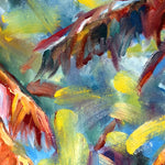 Charger l'image dans la galerie, peinture tropical et nature d’un paysage de plage et de montagne avec le perroquet Ara Macao rouge avec palmiers cocotier aux feuilles multicolores devant la montagne et sur un ciel bleu de vacances pour une déco murale bord de mer et moderne