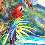Charger l'image dans la galerie, peinture tropical et nature d’un paysage de plage et de montagne avec le perroquet Ara Macao rouge avec palmiers cocotier aux feuilles multicolores devant la montagne et sur un ciel bleu de vacances pour une déco murale bord de mer et moderne