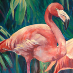 Charger l'image dans la galerie, Peinture flamant rose sur un tableau jungle et nature de motifs tropical représentant un couple de flamants roses avec des feuilles de palmiers dans un jardin botanique de Floride pour une déco bohème, jungalow et moderne