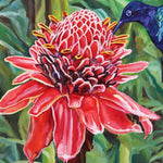 Charger l'image dans la galerie, Tableau d’oiseau exotique Colibri ou oiseaux-mouches se nourrissant d’une rose de porcelaine Etlingera, fleur des forêts tropicales des îles antilles Martinique au jardin de balata pour une déco jungle, nature et moderne