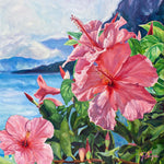 Charger l'image dans la galerie, Peinture hawai hibiscus roses devant l'ocean pour un tableau d'art ou une toile tropical de paysage fleurie.