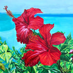 Charger l'image dans la galerie, Tableau de fleurs tropicales hibiscus rouges ode à la beauté de la nature exotique et sauvage des îles de l’océan indien pour une déco mer, bohème, jungalow et moderne