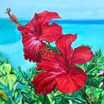 Charger l&#39;image dans la galerie, Tableau de fleurs tropicales hibiscus rouges ode à la beauté de la nature exotique et sauvage des îles de l’océan indien pour une déco mer, bohème, jungalow et moderne
