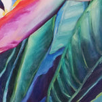 Charger l'image dans la galerie, Tableau peinture à l’huile fleurs tropicales sur toile d’Oiseaux du Paradis, strelitzias, fleurs tropicales exotiques pour une déco murale de jungle multicolore.