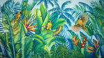 Charger l'image dans la galerie, Peinture nature Tableau jungle et tropical d’une fresque d’oiseaux exotiques et sauvages des îles de l’océan indien (île Maurice) représentant des tisserins jaunes et des condés ou bulbul orphée, la jungle avec la végétation des bananiers palmiers aux feuilles multicolores pour une déco bohème, jungalow et moderne