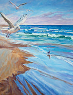 Charger l'image dans la galerie, Tableau sur toile de déco murale nature mouettes oiseaux marins d’animaux aquatiques sur les vagues et volant sur l’océan pour une ambiance intérieure bord de mer, côtière et moderne