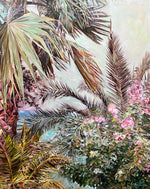 Charger l'image dans la galerie, Tableau sur toile d’une nature printanière, palmiers devant l’océan Basque et fleurs roses, pour une déco murale pastel rêveuse.