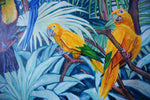 Charger l'image dans la galerie, Tableau jungle et nature d’une fresque d’oiseaux exotiques et sauvages représentant des toucans et ara macao perroquets rouge et bleus et de conure soleil dans la jungle avec la végétation des palmiers aux feuilles multicolores pour une déco bohème, jungalow et moderne