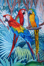 Charger l'image dans la galerie, Tableau jungle et nature d’une fresque d’oiseaux exotiques et sauvages représentant des toucans et ara macao perroquets rouge et bleus et de conure soleil dans la jungle avec la végétation des palmiers aux feuilles multicolores pour une déco bohème, jungalow et moderne