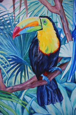 Charger l'image dans la galerie, Tableau jungle et nature d’une fresque d’oiseaux exotiques et sauvages représentant des toucans et ara macao perroquets rouge et bleus et de conure soleil dans la jungle avec la végétation des palmiers aux feuilles multicolores pour une déco bohème, jungalow et moderne