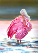 Charger l'image dans la galerie, Tableau de nature exotique, un oiseau Spoonbill trempe ses pieds dans l’eau au crépuscule, pour une déco murale chic et jungalow.