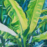 Charger l'image dans la galerie, Peinture tropical et nature multicolore aux couleurs vertes d’un tableau décoratif et contemporain de plantes exotiques avec feuilles de bananier pour déco murale moderne et bohème