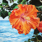 Charger l'image dans la galerie, Tableau de fleurs hibiscus orange et rouge représentation de la beauté de la nature exotique et sauvage des îles de l’océan indien pour une décoration tropicale mer, bohème, jungalow et moderne