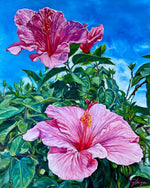 Charger l'image dans la galerie, Tableau de paysage nature, des fleurs d’hibiscus roses s’épanouissent au printemps, pour une déco chic et exotique.